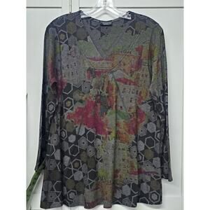 Inoah Dark Abstract City Portrait Long Sleeve V Neck Knit Pullover Top Sz Medium